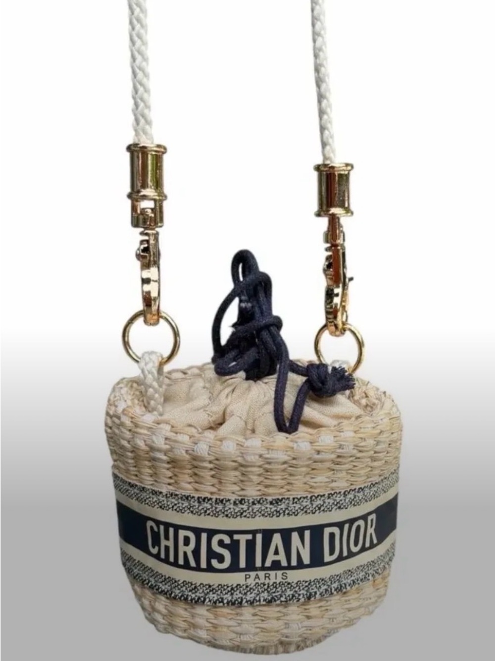Dior Beige & Navy Round Straw Bucket Bag with Gold Hardware
